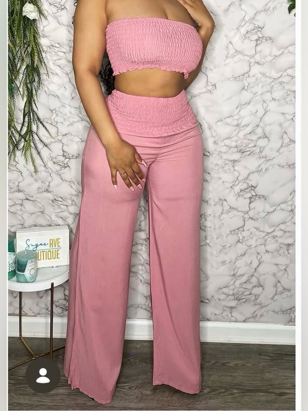 Smocked Tube Crop Top & High-Waist Wide Leg Pants Set - Pink